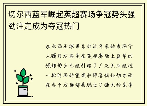 切尔西蓝军崛起英超赛场争冠势头强劲注定成为夺冠热门