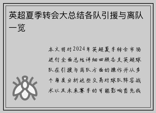 英超夏季转会大总结各队引援与离队一览
